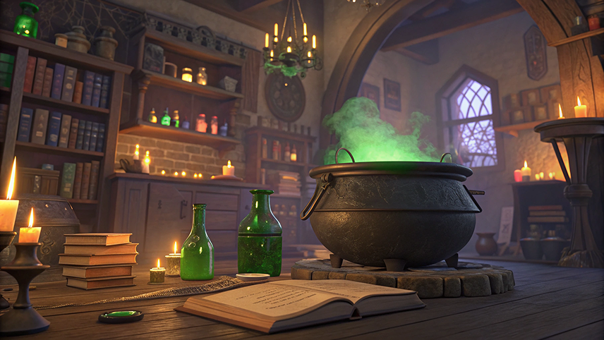 Magical library with cauldron and books